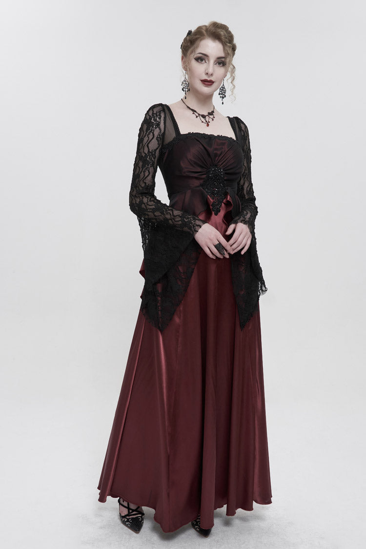 Crimson Lace Pointed Long Sleeves Back Zipper Satin Floor-Length Gothic Gown