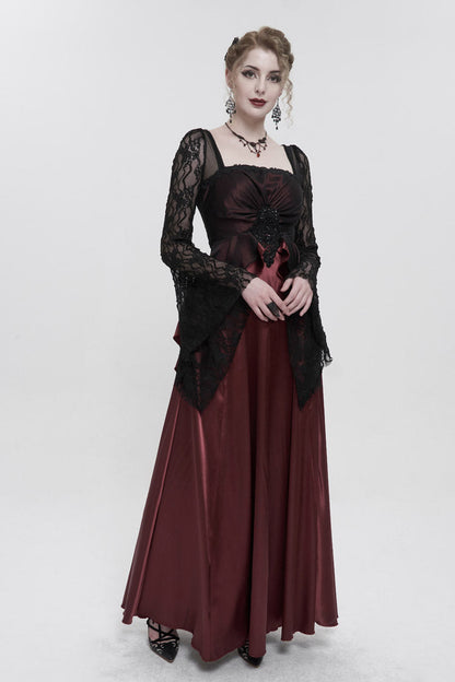 Crimson Lace Pointed Long Sleeves Back Zipper Satin Floor-Length Gothic Gown