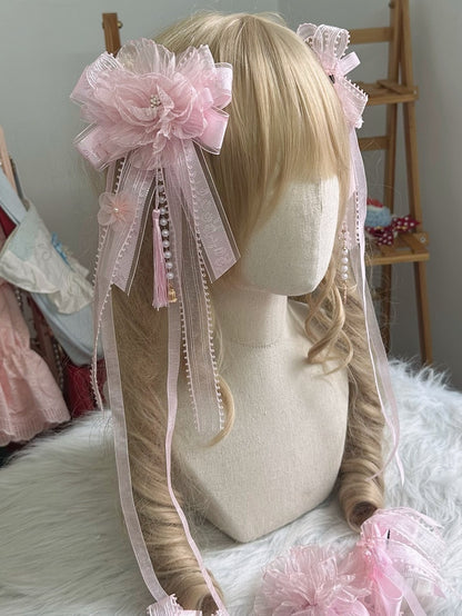 Bowknot Hairclip Lolita Sweet Pink Ribbon Floral With Pearl Tassel