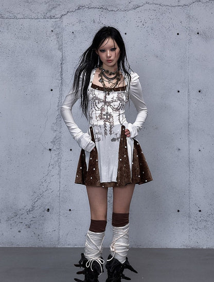Cross with Brown Punk Vintage Subtle Dress Print Chain Sleeves Beige Puff