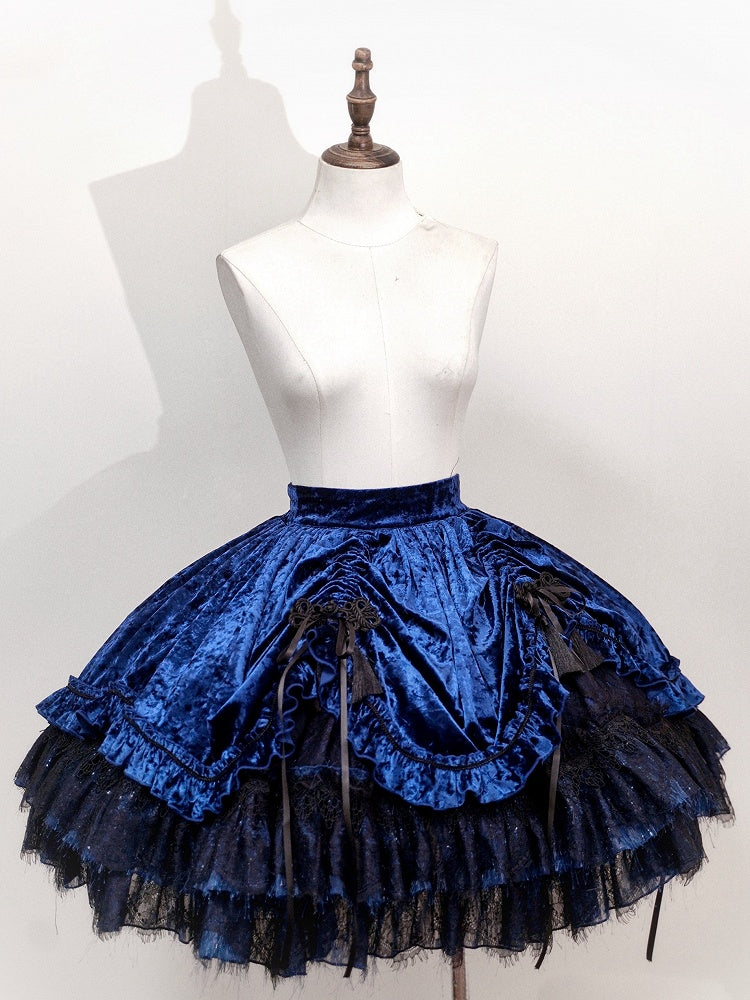 Dark Blue Gothic Lolita Velvet Tassel Knot Button Drawstring Skirt