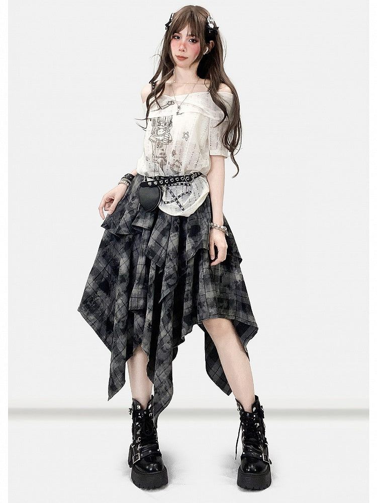 ハンカチ ダークヘム チェック柄スカート ほろ苦いグレー