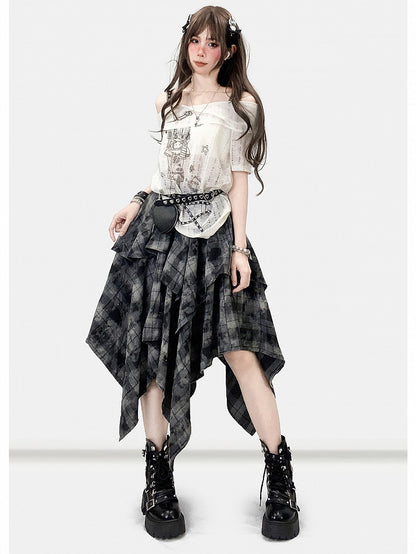 ハンカチ ダークヘム チェック柄スカート ほろ苦いグレー