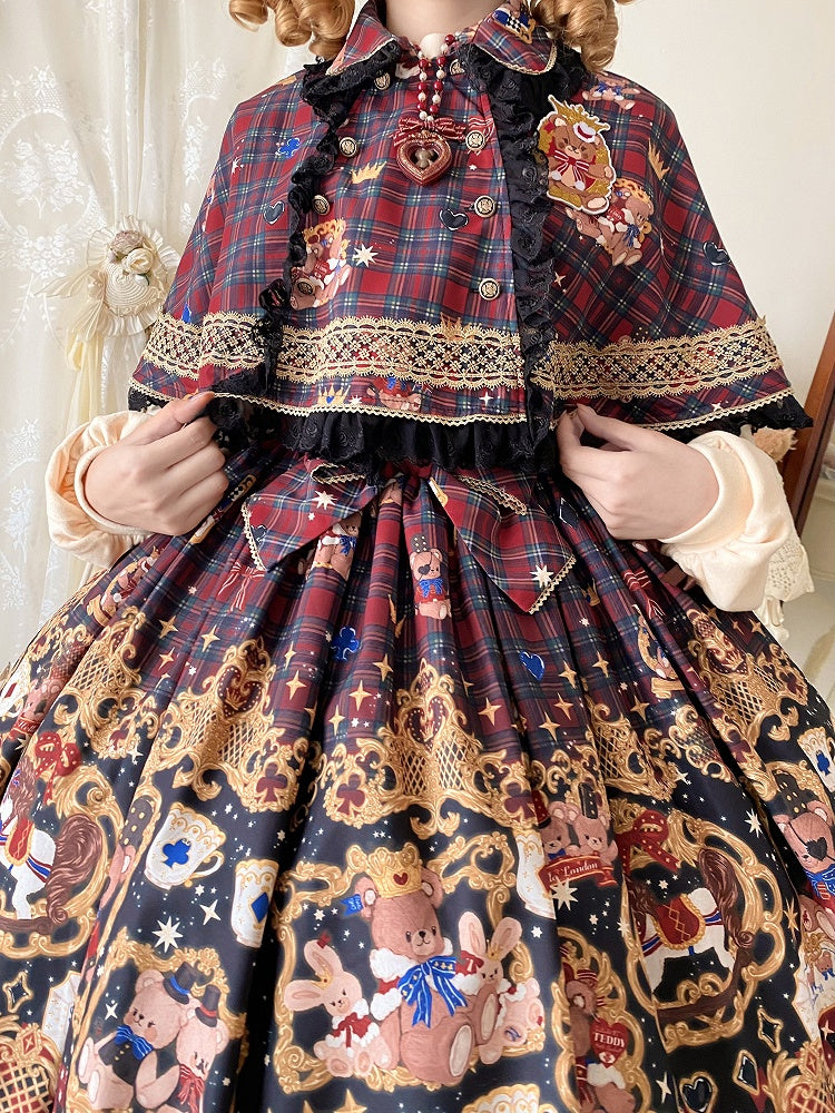 Plaid Trim Lace Lolita with Red Cape Black