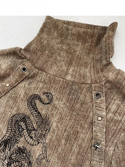 Khakifarbenes, hochgeschlossenes Oberteil mit Drachen-Print