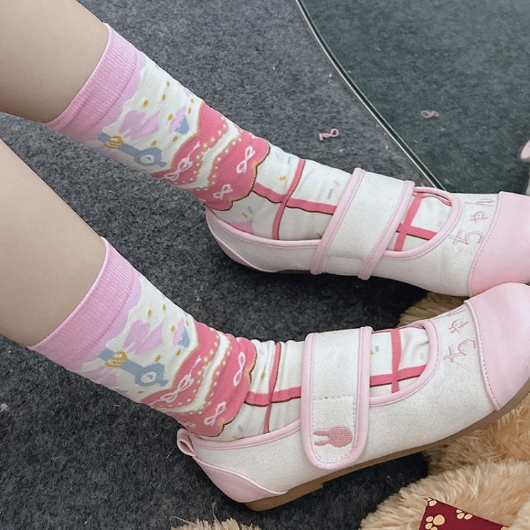 Pink Sweet Lolita Bowknot Print Striped Pattern Calf Socks