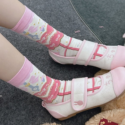 Pink Sweet Lolita Bowknot Print Striped Pattern Calf Socks
