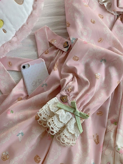 Pink Peter Pan Collar Bear & Cake Print Long-Sleeve OP Dress - Honey Village