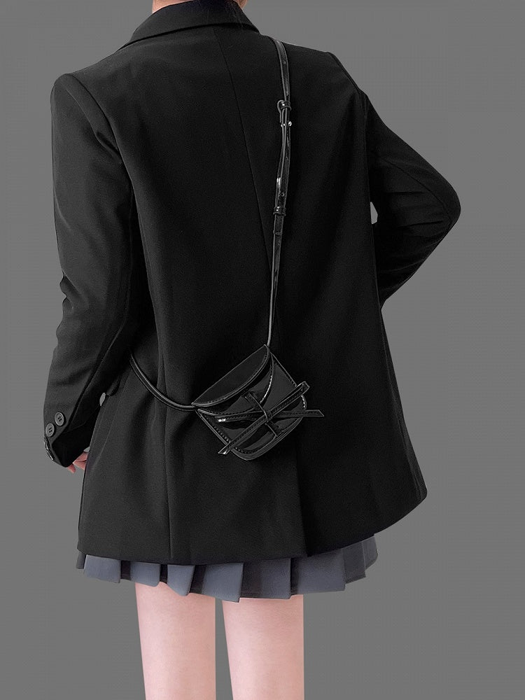 Chic Black Crossbody Card Holder With Glossy Finish And Bow Accent