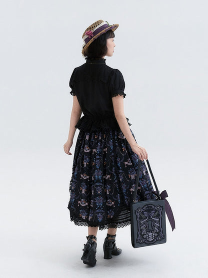 Black Purple Pansy Print Elegant Lolita Skirt