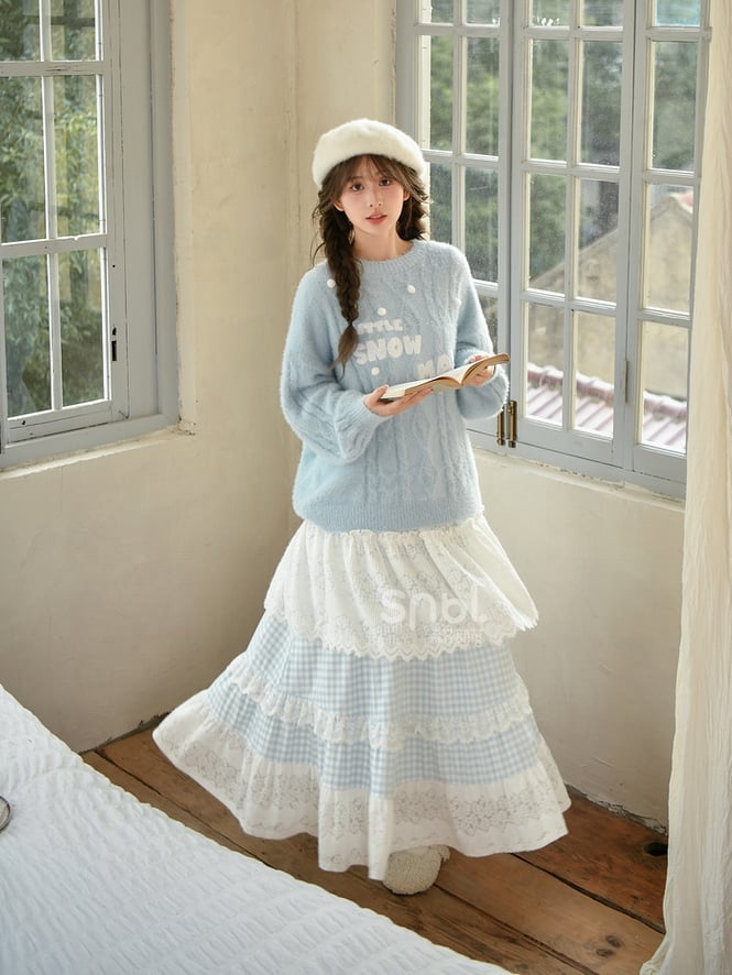 Blue and White High-Waisted Lace Patchwork Plaid Mori Kei Skirt