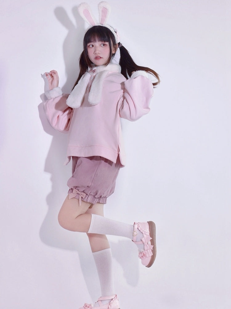 ピンクのかわいいウサギの耳のぬいぐるみ襟スウェットシャツ