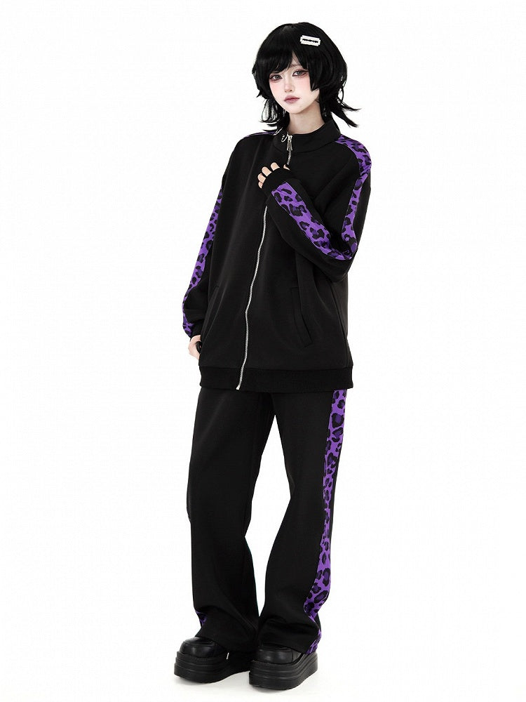 Sporty Jirai Kei Black & Purple Leopard Print Pants - Puzzles