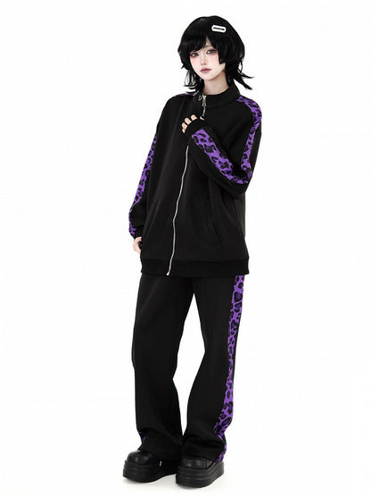 Sporty Jirai Kei Black & Purple Leopard Print Pants - Puzzles