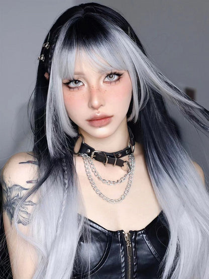 Ombre Bangs 68CM With Wig Air Silver And Black Straight