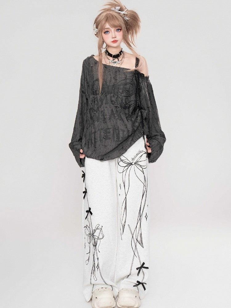 グレー/ミルクホワイト ボウコント アシンメトリーネックライン トップス