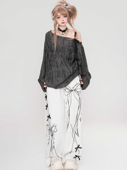 グレー/ミルクホワイト ボウコント アシンメトリーネックライン トップス