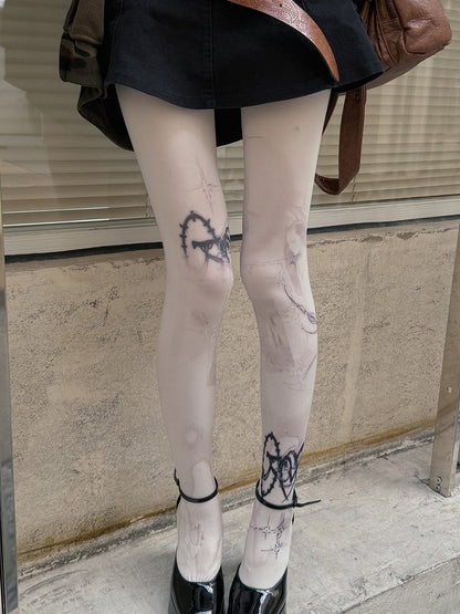 ホワイト 100D パンクプリントタイツ