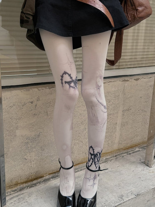 ホワイト 100D パンクプリントタイツ