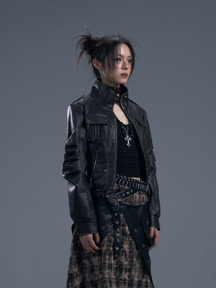 Black PU Vintage Punk Crop Jacket with Buckle Accents