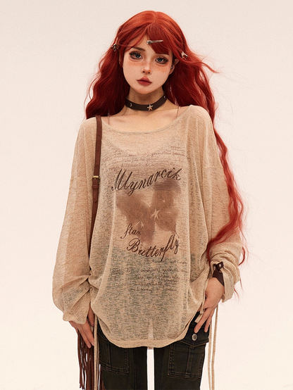 Neck Semi-sheer Vintage Butterfly Print Khaki Round Coverup