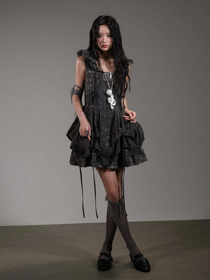 Dark Gray Plaid Fake Two-Piece Sleeveless Bubble Dress - Blazed Field