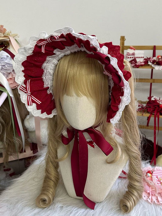 with Striped Bonnet Bows White Ribbon Lace-Trimmed Red