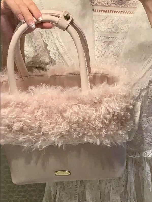 Pink PU Fluffy Decorated Handbag Sweet Style - Lalacita