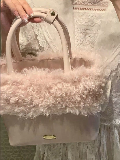 Pink PU Fluffy Decorated Handbag Sweet Style - Lalacita