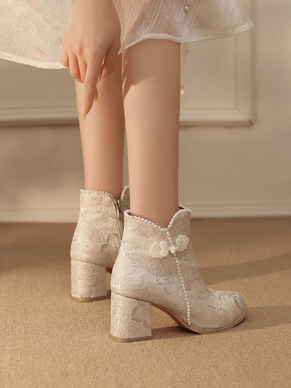 Qi Embellishments Regular/Thicken Version Boots Frog Lolita Accent Beige Button Satin Beads Floral -