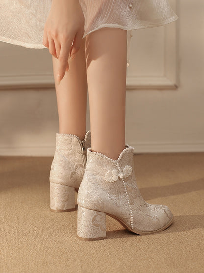 Qi Embellishments Regular/Thicken Version Boots Frog Lolita Accent Beige Button Satin Beads Floral -