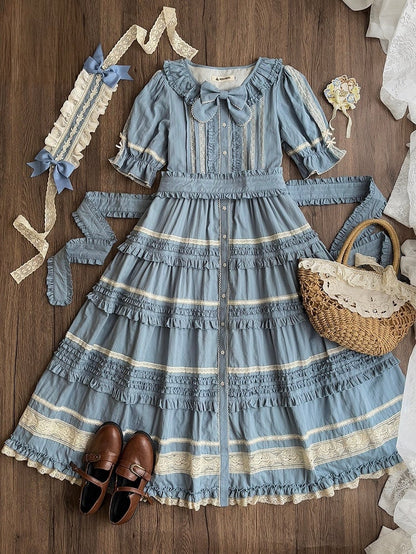 Blue Layered Ruffles Elegant Lolita Dress Front Button Placket - Miss Point