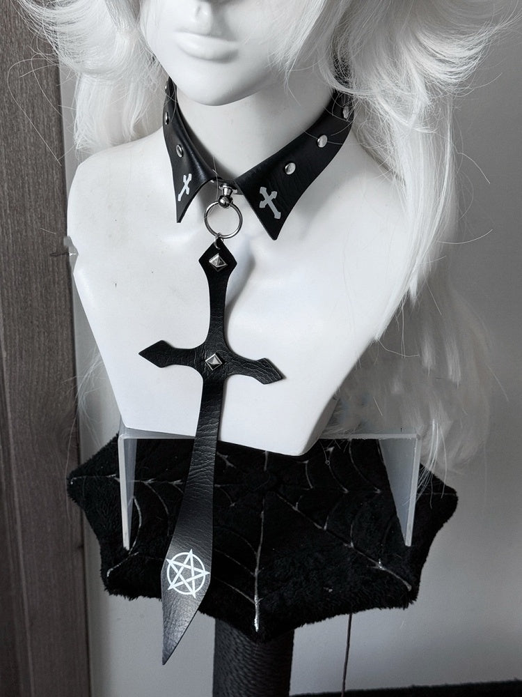 クロスチャーム スタッズネクタイ パンク ブラック/レッド ペンタクル