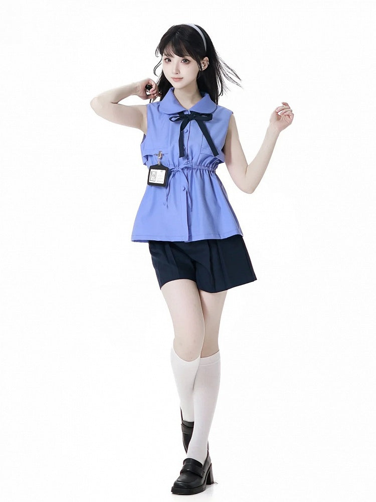 カードブルーピーターパンカラーノースリーブシャツ、蝶ネクタイホルダー付き