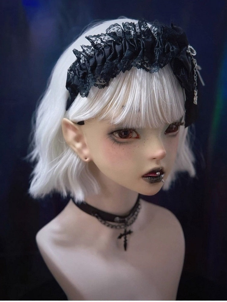 Dark Gothic KC Headband with Layered Bow and Ruffled Lace - Strange Sugar