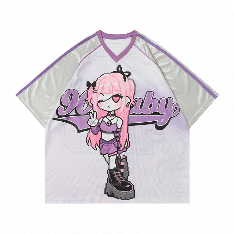 Cartoon Girl Print Black/Blue/Purple T-shirt Vintage V-neck Loose