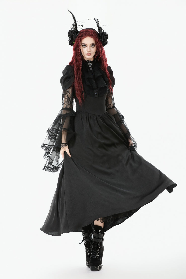 Black Stand Collar Trumpet Sleeve Lace Wedding Gothic Dress
