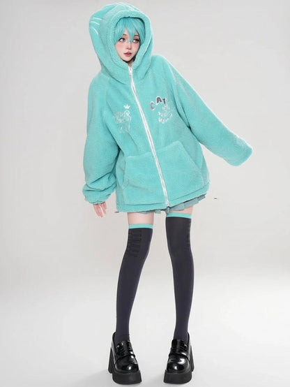 Grün/Marineblauer Fleece-Kapuzenpullover mit süßem Katzenohren-Design