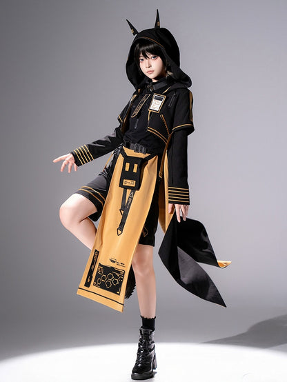 Cyberpunk Ouji Tech-Wear Black & Yellow Hooded Cropped Coat, Size S - Princess Chronicles