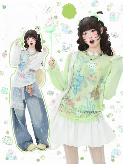 Sun Protection Long Top Vibrant Loose-Fit White/Green Sleeve Print