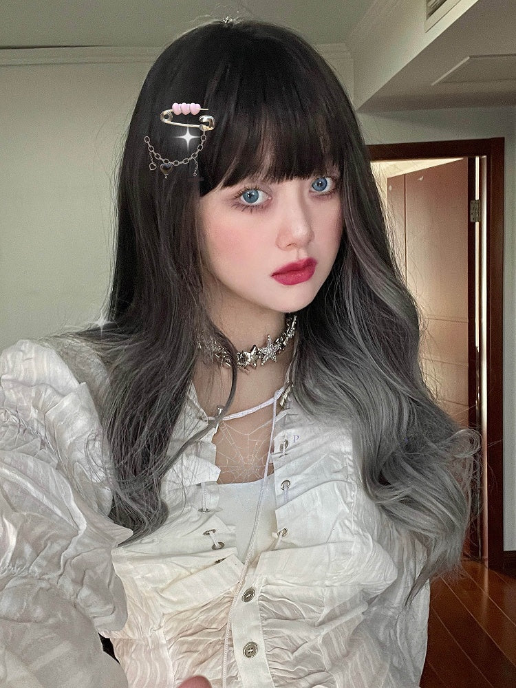 オンブレ丈、ウェーブ前髪ウィッグ ブラック 70cm グレー