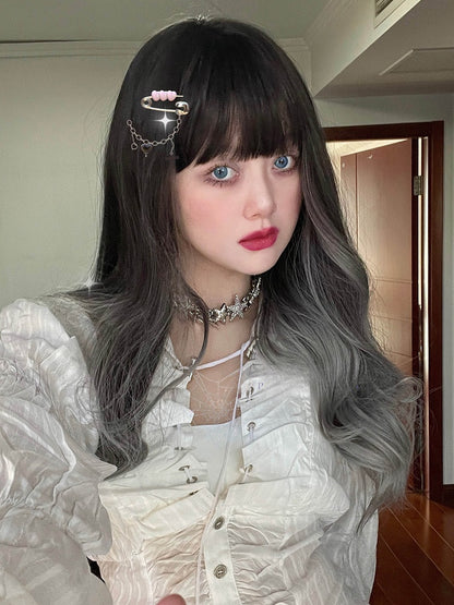 オンブレ丈、ウェーブ前髪ウィッグ ブラック 70cm グレー