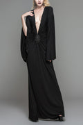 Black Frog Button Bat Sleeve Deep V-Neck Gothic Dress for Women