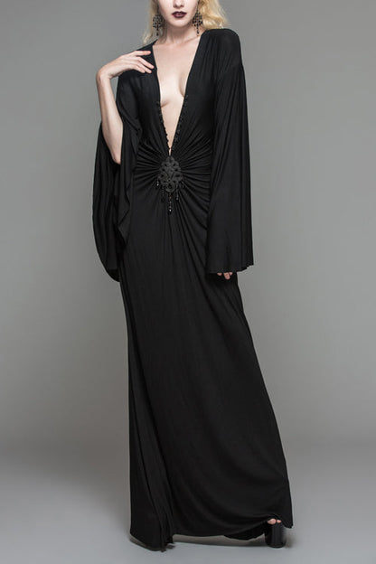 Black Frog Button Bat Sleeve Deep V-Neck Gothic Dress for Women