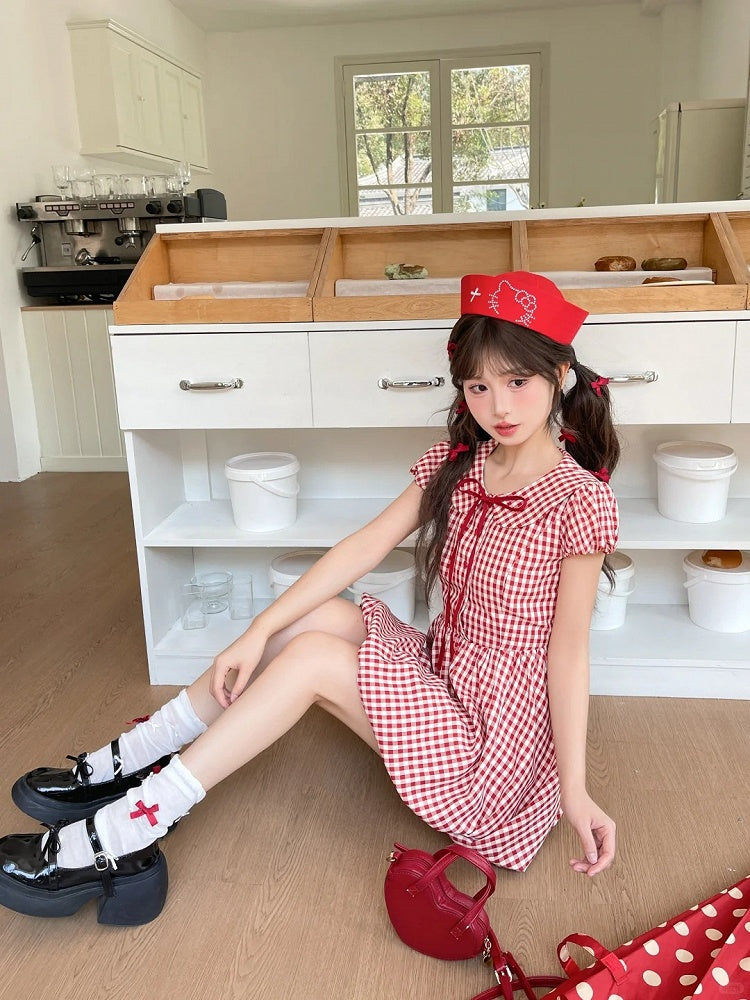 Skirt Plaid Sleeves Bubble Red Peter Pan Collar Puff Dress