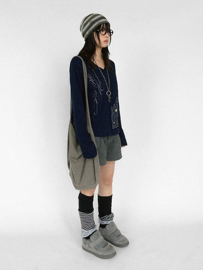 Vintage Y2K Navy Blue Letter Print V-Neck Long Sleeve Top with Iron Gate Patch - innomoood