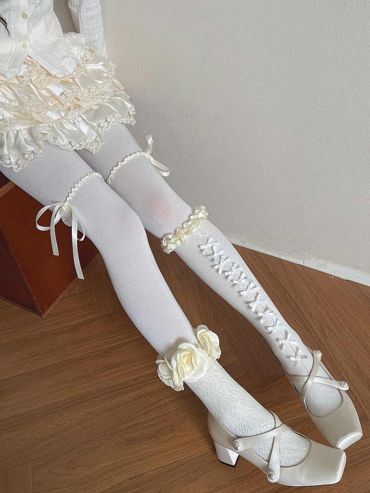 Vertical White with Strip Pattern Lace Bowknot Trim and Apricot/Pink/Blue Striped Tights