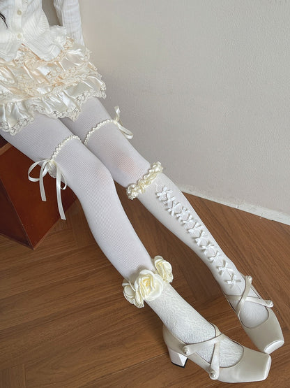 Vertical White with Strip Pattern Lace Bowknot Trim and Apricot/Pink/Blue Striped Tights