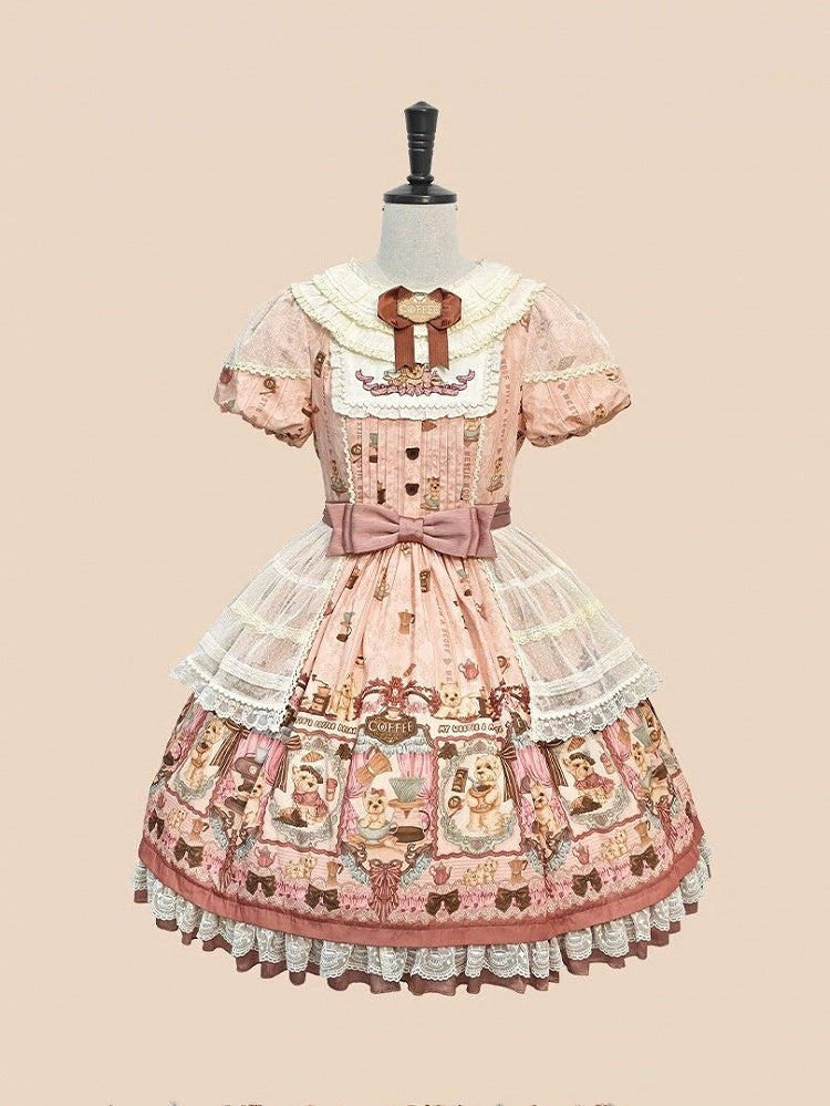 Puppy Coffee Shop Print Pink Sweet Lolita OP Dress with Dot Tulle Overlay - Stars Fall on the Foggy Island
