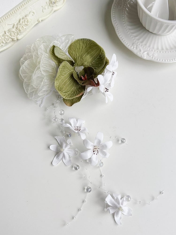Pink/Green Flower Hairclip with Dewdrop Bead Chain - With PUJI